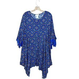 Paisley Vine Women's Navy Mustard Scoop Neck  3/4 Bell Sleeve Tunic Dress